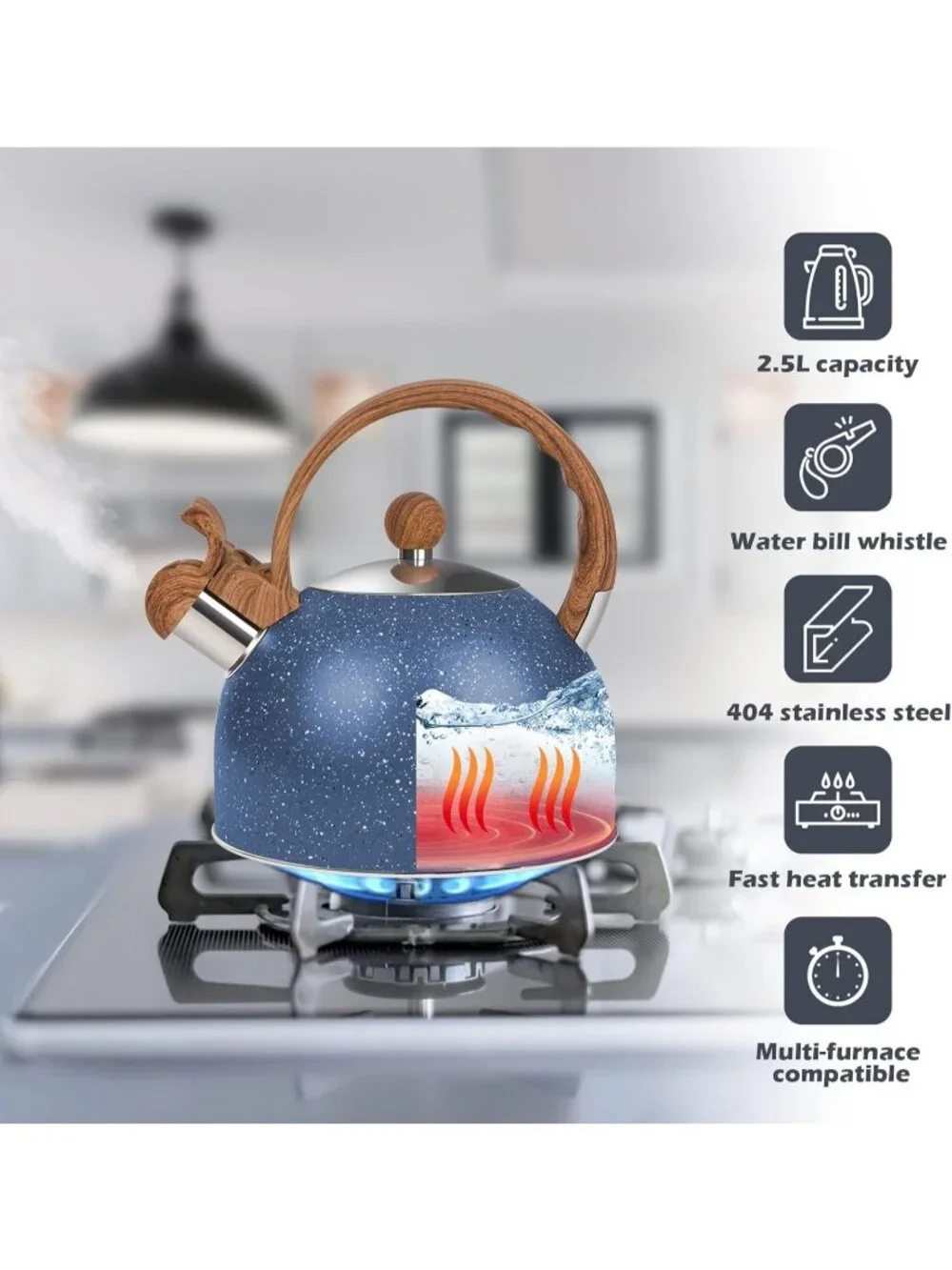 Blue Kitchen Whistling Tea Kettle  2.6 Quart Stainless Steel Stovetops Stovetops